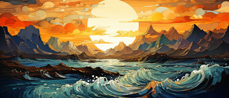 abstract painting of the sun and mountains using impasto technique, palette knife, and antique colors.の素材