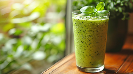 Nutrition and cleansing Glass of green smoothie for breakfast in the morning or as a snack on a wooden table with the view of the lush kitchen window.の素材