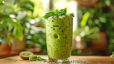 Nutrition and cleansing Glass of green smoothie for breakfast in the morning or as a snack on a wooden table with the view of the lush kitchen window.の素材