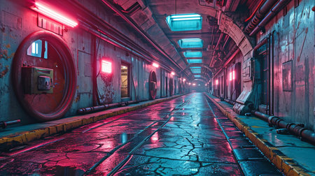 futuristic corridor with neon purple and blue lights set against an abstract background.の素材