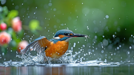 A kingfisher in action, snaring its prey.の素材