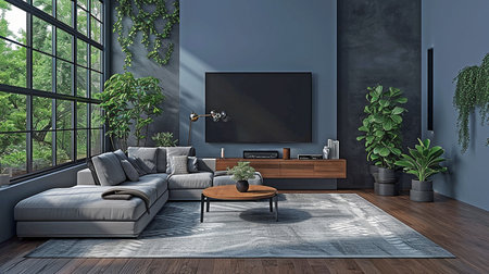 Interior of a modern living room including a sofa, floor lamp, smart TV, and potted plant.の素材