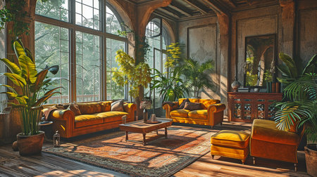 interior of living room including couches and green houseplants.の素材