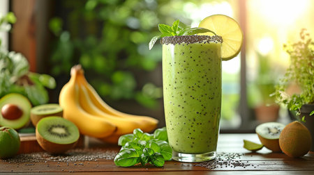 Nutrition and cleansing Glass of green smoothie for breakfast in the morning or as a snack on a wooden table with the view of the lush kitchen window.の素材