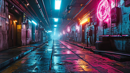 futuristic corridor with neon purple and blue lights set against an abstract background.の素材