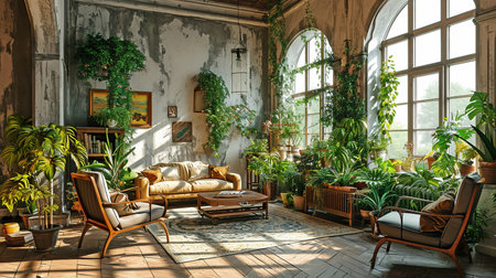 interior of living room including couches and green houseplants.の素材