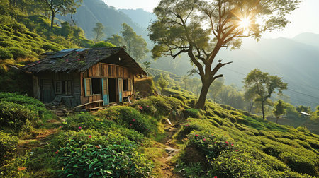Mountainside tea estate Tapai with a rattan tea house.の素材