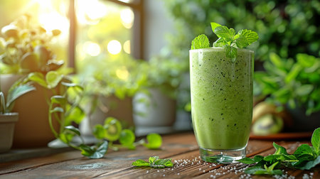 Nutrition and cleansing Glass of green smoothie for breakfast in the morning or as a snack on a wooden table with the view of the lush kitchen window.の素材