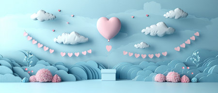 Present boxes with paper art style, heart balloons floating in the sky, and Happy Valentine's Day banners.の素材