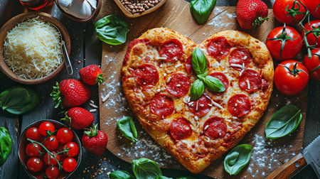 ingredients and a heart-shaped pizza on a chopping board.の素材