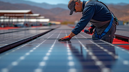 A guy on a roof, repairing a solar panel.の素材