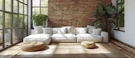 Interior of a contemporary living area with a wooden floor and brick walls. dummyの素材