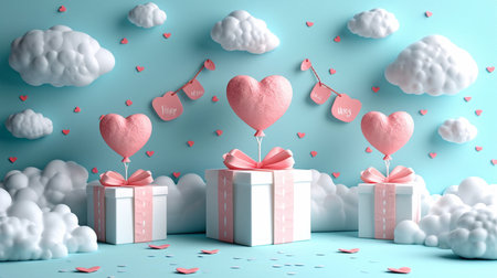 Present boxes with paper art style, heart balloons floating in the sky, and Happy Valentine's Day banners.の素材