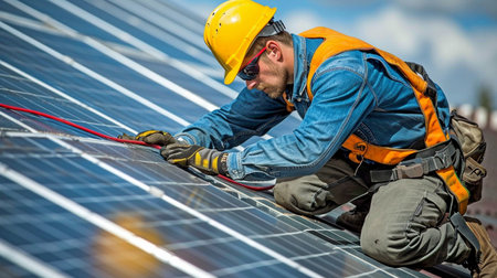 A guy on a roof, repairing a solar panel.の素材