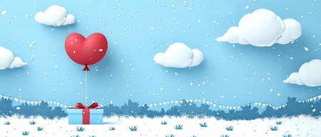 Present boxes with paper art style, heart balloons floating in the sky, and Happy Valentine's Day banners.の素材