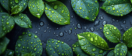 After rain, a close-up of green plants on a black tropical background.の素材