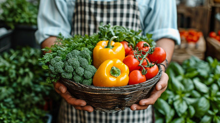 a youthful farmer carrying a basket full of fresh veggies. the ideas of biology, bioproducts, bioecology, homegrown food, vegetarianism, and healthful salads.の素材