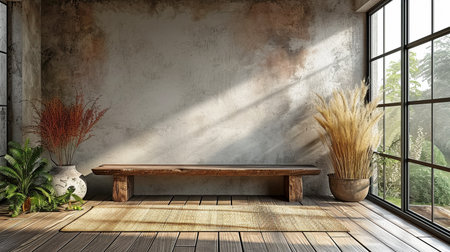 Console table made of rustic wood with copy space against a wall of beige plaster. Japanese interior design for a contemporary foyer.の素材