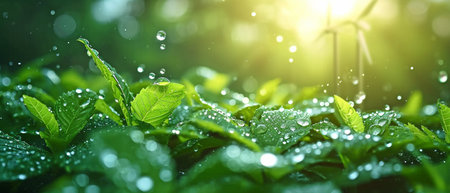 the ground with a solar panel, wind turbine, water-saving device, and drop of water.の素材