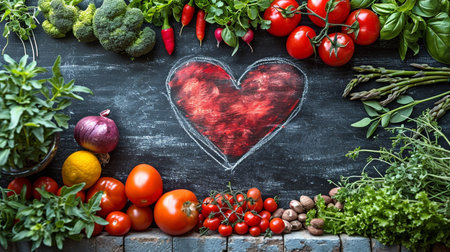 wholesome food in the heart and cardiograph on a medical abstract whiteboard.の素材