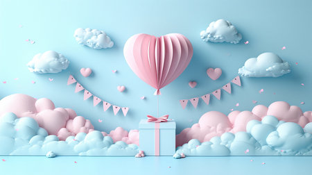Present boxes with paper art style, heart balloons floating in the sky, and Happy Valentine's Day banners.の素材