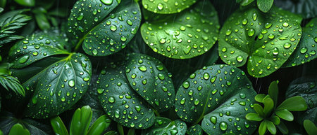 After rain, a close-up of green plants on a black tropical background.の素材