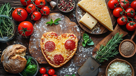 ingredients and a heart-shaped pizza on a chopping board.の素材
