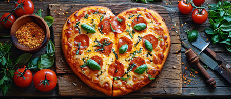 ingredients and a heart-shaped pizza on a chopping board.の素材