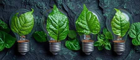 Sustainable living and renewable energy are the concepts of the eco-friendly lightbulb made of fresh leaves.の素材