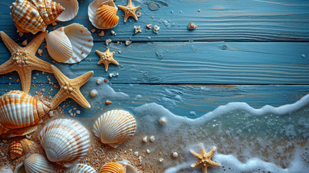 idea of a beach scene with starfish and seashells on a blue wooden backdrop.の素材