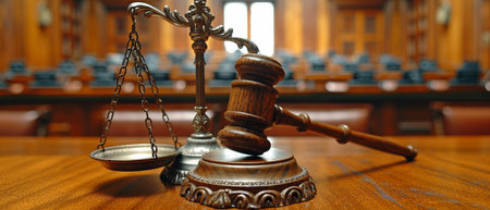 Scales of Justice and the judge's gavel are in the courtroom. notion of justice, jurisprudence, and judiciary in law.の素材