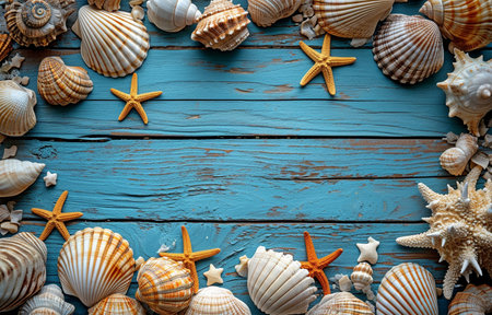 idea of a beach scene with starfish and seashells on a blue wooden backdrop.の素材