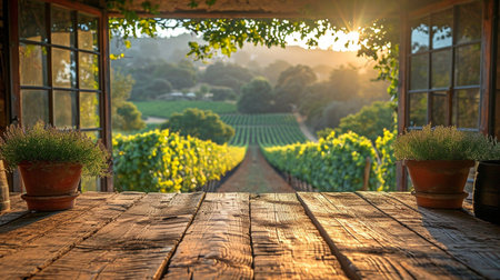 early light and an empty wooden bench overlooking a vineyard through an open window.の素材
