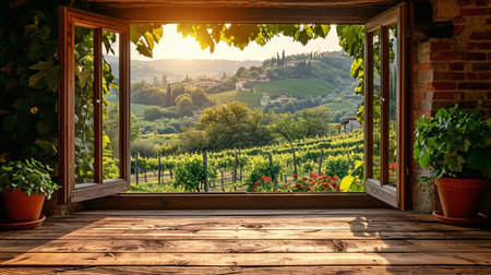 early light and an empty wooden bench overlooking a vineyard through an open window.の素材