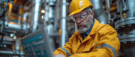 Working in the oil and gas business, a serious and attractive engineer is seen utilizing a laptop.の素材