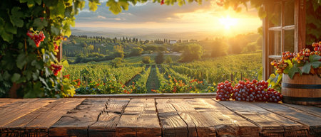 early light and an empty wooden bench overlooking a vineyard through an open window.の素材