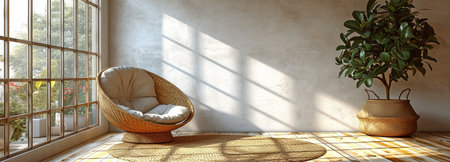 Interior of a light-colored living room with an armchair against a blank white wall.の素材