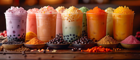 advertisement image of several rainbow varieties of bubble tea boba.の素材