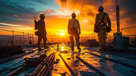 Workers in the construction industry at a construction site.の素材