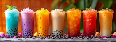 advertisement image of several rainbow varieties of bubble tea boba.の素材