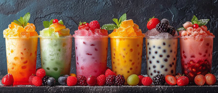 advertisement image of several rainbow varieties of bubble tea boba.の素材