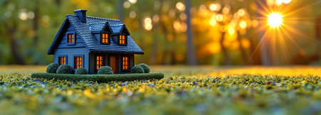 small home in the dusk light on a verdant lawn. emblem of a luxurious life and real estate. either for interior design or architecture.の素材