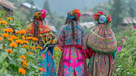 ANNAPURNA, NEPAL - OCTOBER 02: Three Tibetan ladies in traditional clothes, on October 02, 2010 in Nepal.の素材