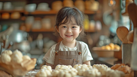 This is a picture of a joyful, loving Asian family with a toddler Asian girl as her daughter and the father cooking together on the kitchen table while making homemade cake and cookie dough.の素材