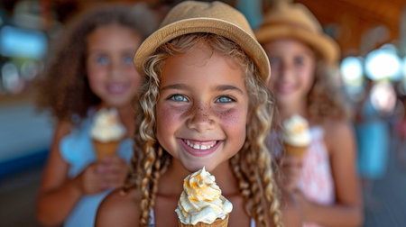 Group of smiling multi-ethnic youngsters eating ice-cream in summer.の素材