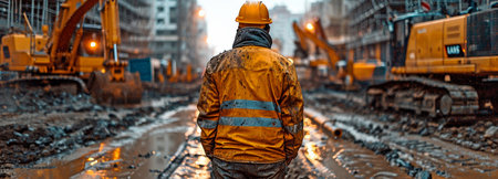 An engineer is shown in close-up examining intricate drawings while surrounded by large equipment and building supplies on a busy construction site.の素材