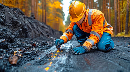 On a building site, a worker is marking the roadway.の素材