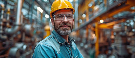 Engineers in Industry Wearing Hard HatsEmployed at the Manufacturing Factory for Heavy Industries.An indoor industrial worker at a factory. guy employed at a manufacturing plant.の素材