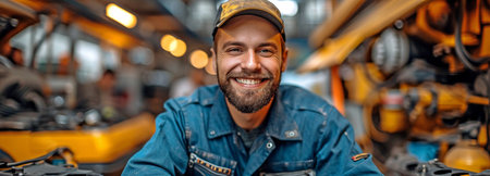 amiable vehicle repair A uniformed mechanic stands in the background of an open automobile, grinning and facing the camera. auto upkeep and repair.の素材