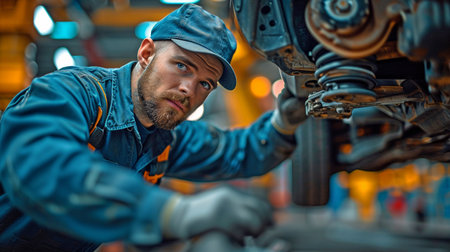 Auto car repair service center. A mechanic checks the suspension of an automobile.の素材